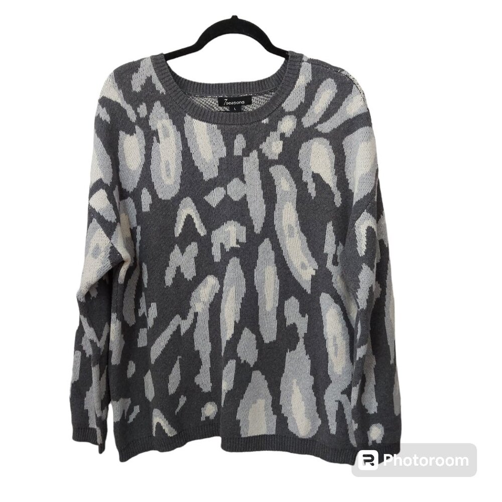 *7 Seasons Gray Cheetah Print Crew Neck Cotton Cashmere Blend Sweater Large